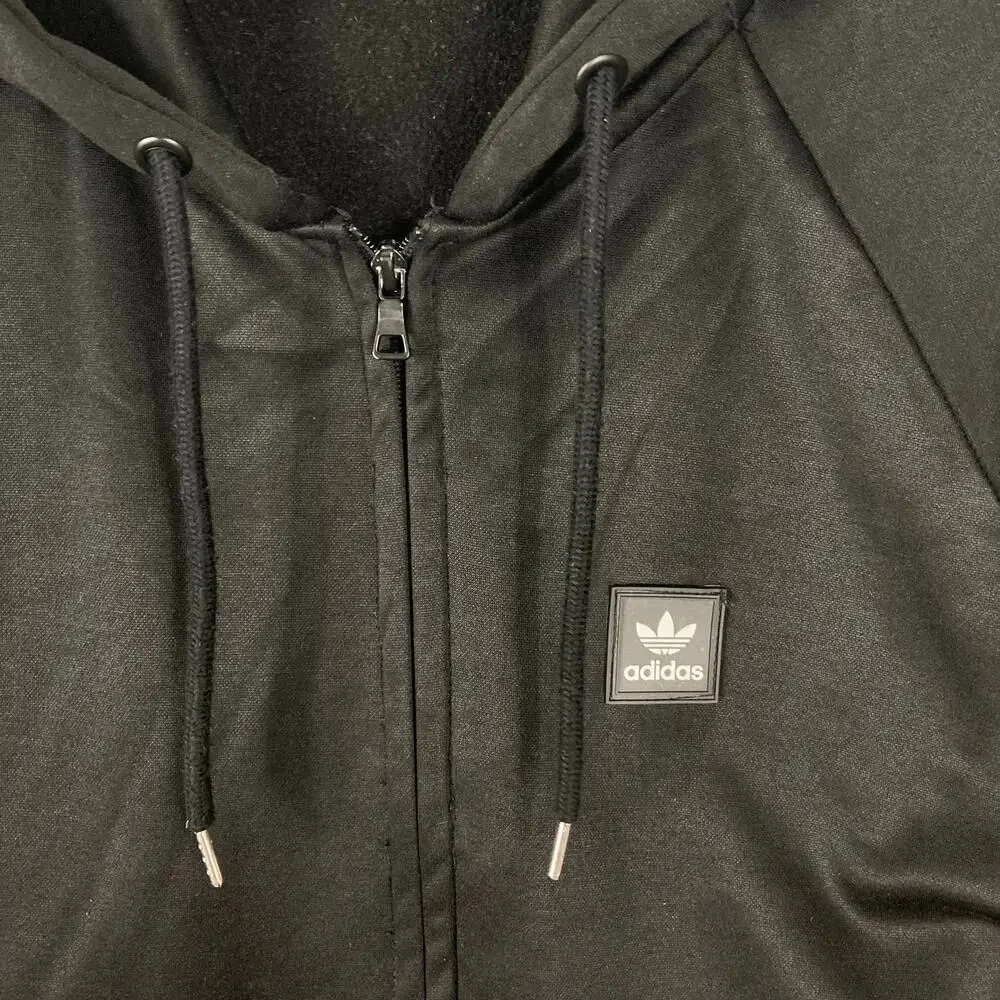 Adidas Black Track Jacket Men L Full-Zip White-Logo Stripe Hoodie Drawstring